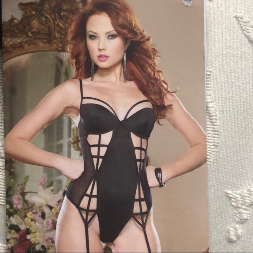 NWT- Sexy Caged Black One Piece Teddy w/ Garter